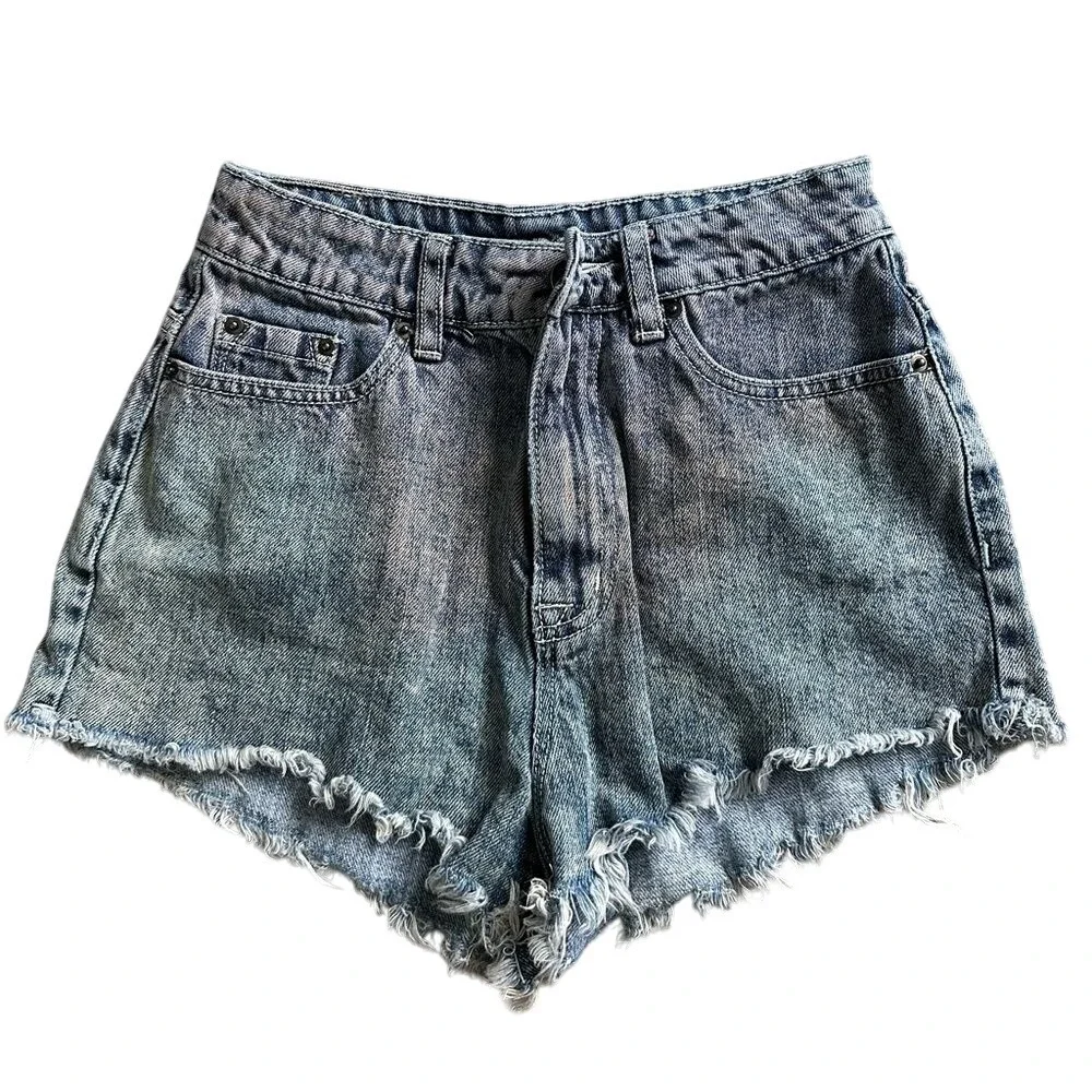 BDG Denim Shorts Women's High Waisted Frayed‎ Hem Acid Wash Blue Distressed